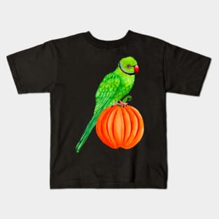 Cute Halloween Ringneck Parrot on Autumn Pumpkin Kids T-Shirt